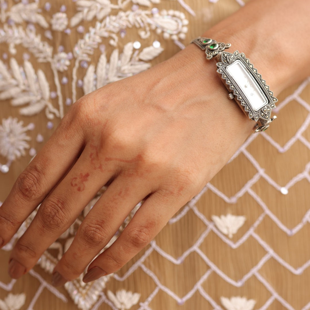 925 Silver Marcasite & Emerald-Accent Antique Bracelet Watch