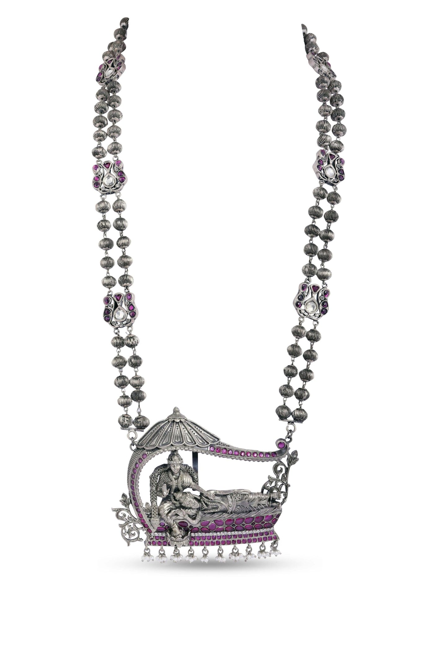 Silver 925 Long Lakshmi Vishnu Temple Necklace image 1