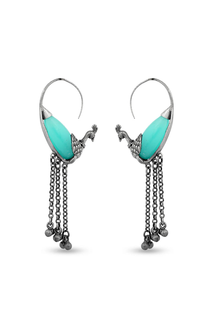 Turquoise Stones, Silver Earrings with Peacock Motifs