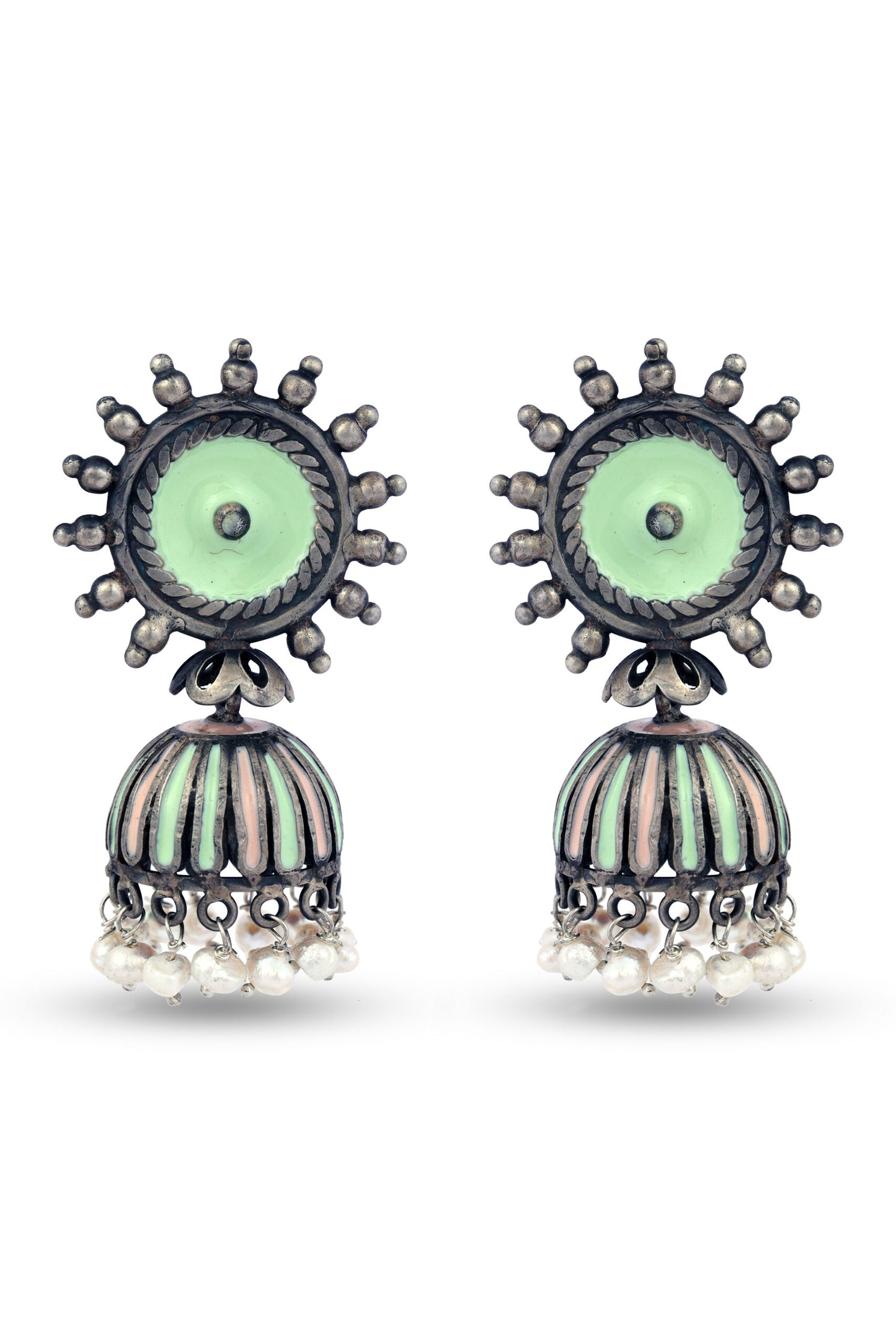 Pink & Green Silver Dome Shaped Jhumkas image 0