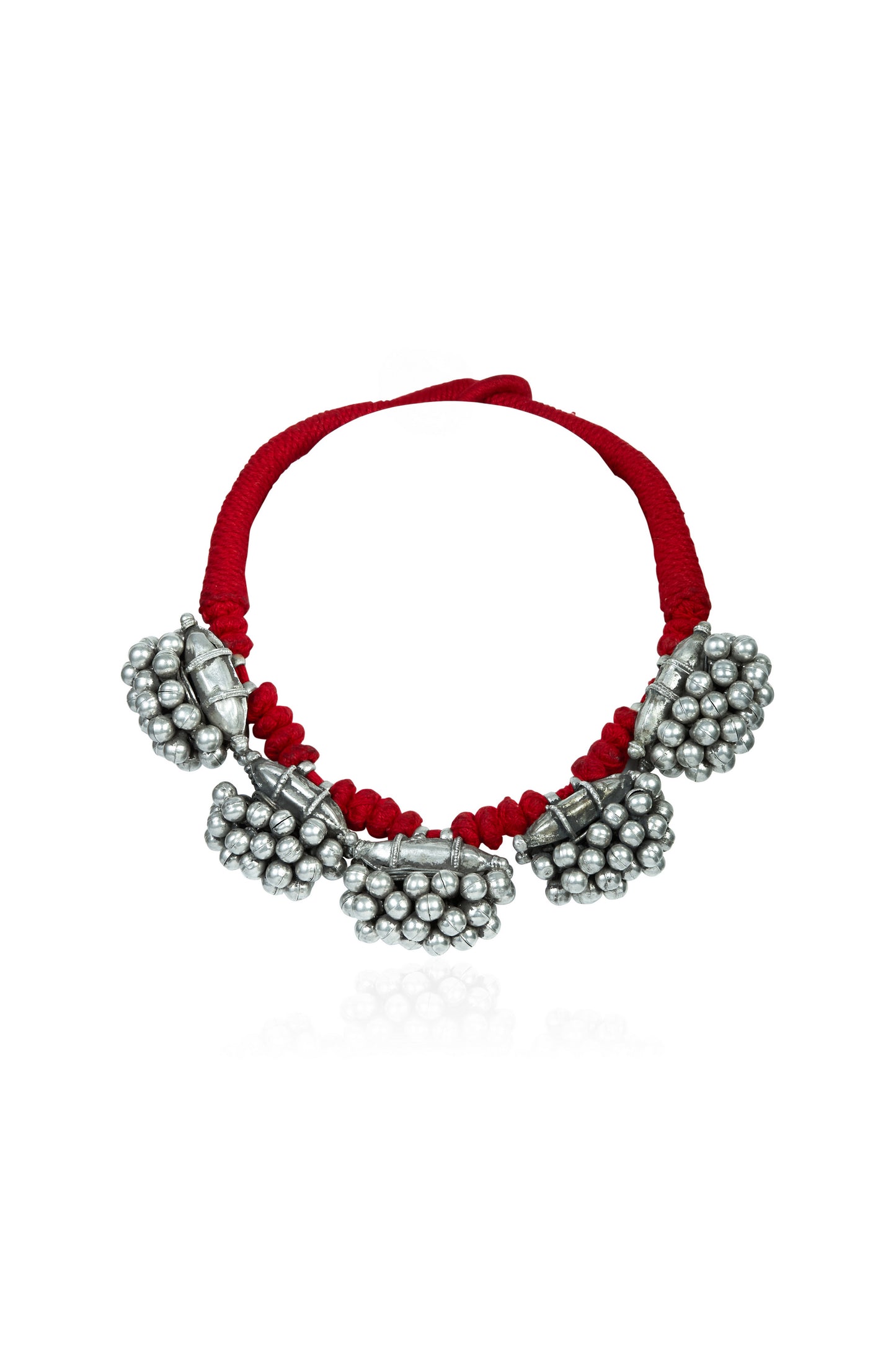 Tribal Red Thread Necklace with Oxidized Silver Bead Clusters