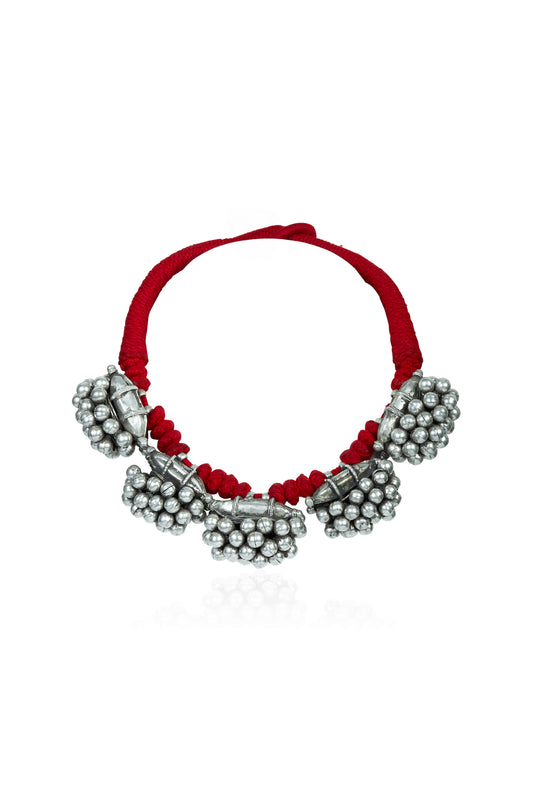 Tribal Red Thread Necklace with Oxidized Silver Bead Clusters