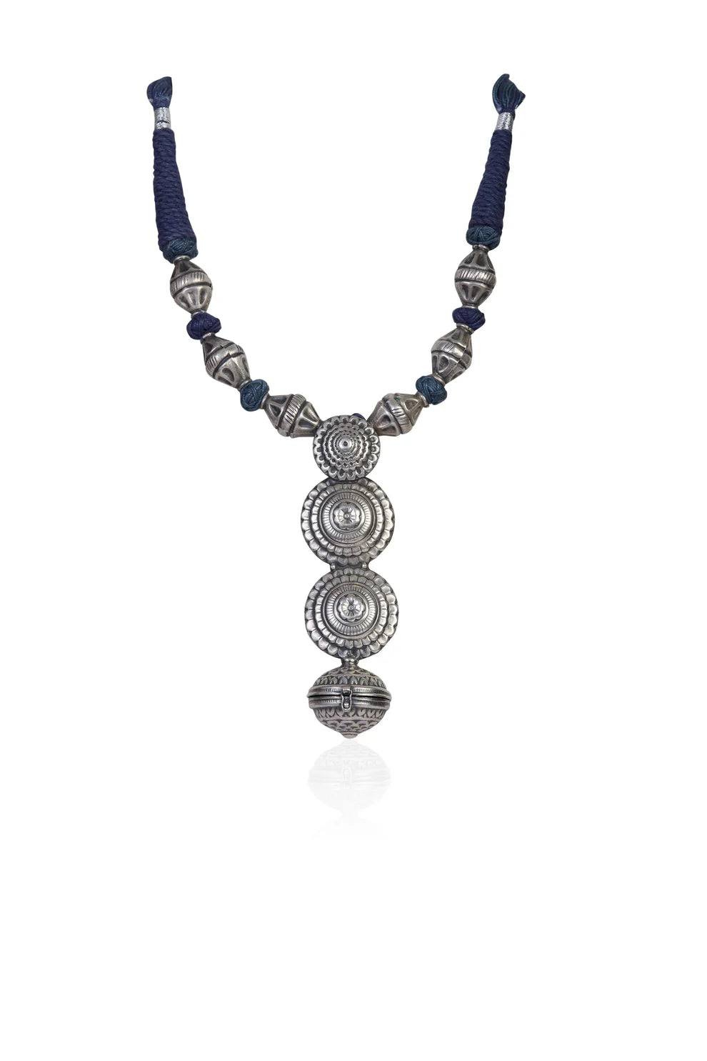 Ethnic Blue Thread & Oxidized Look Silver Necklace
