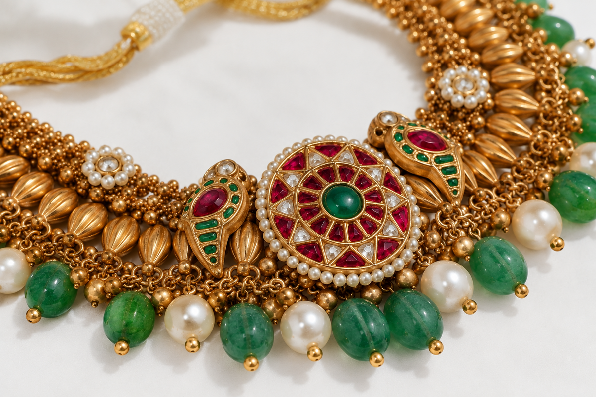 925 Silver Gold Plated Kundan & Green Bead Necklace