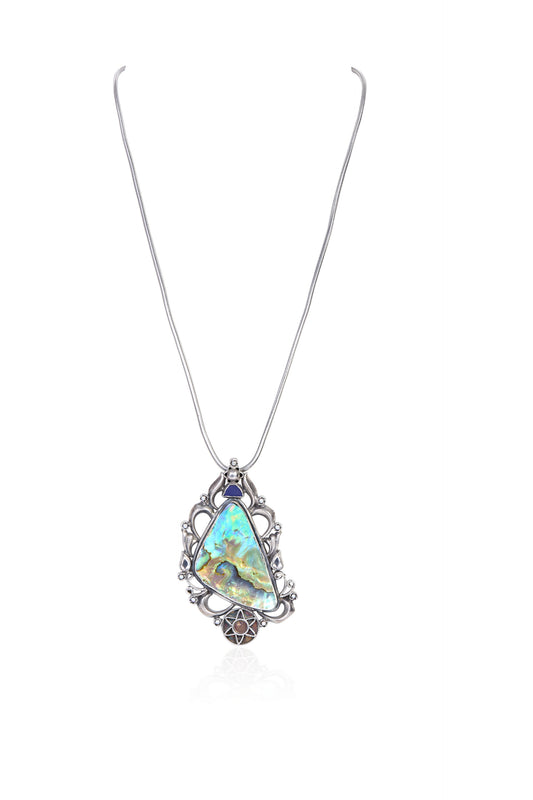 Abalone Shell & Lapis Silver Ornate Pendant Necklace