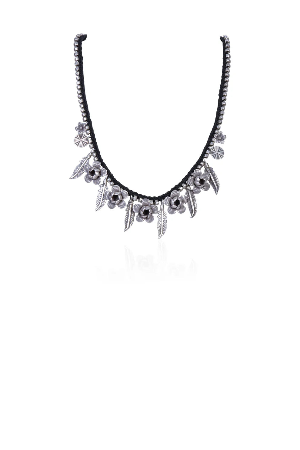 Oxidized Silver Floral & Feather Charm Necklace
