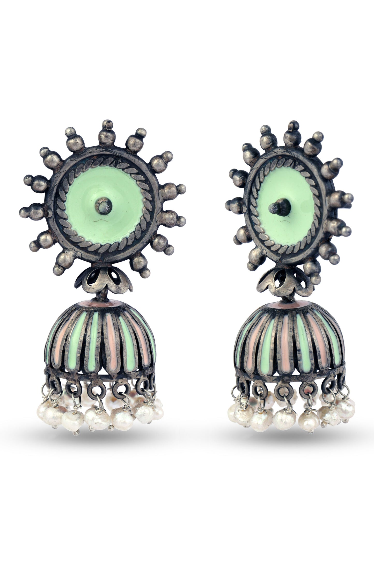 Pink & Green Silver Dome Shaped Jhumkas image 1