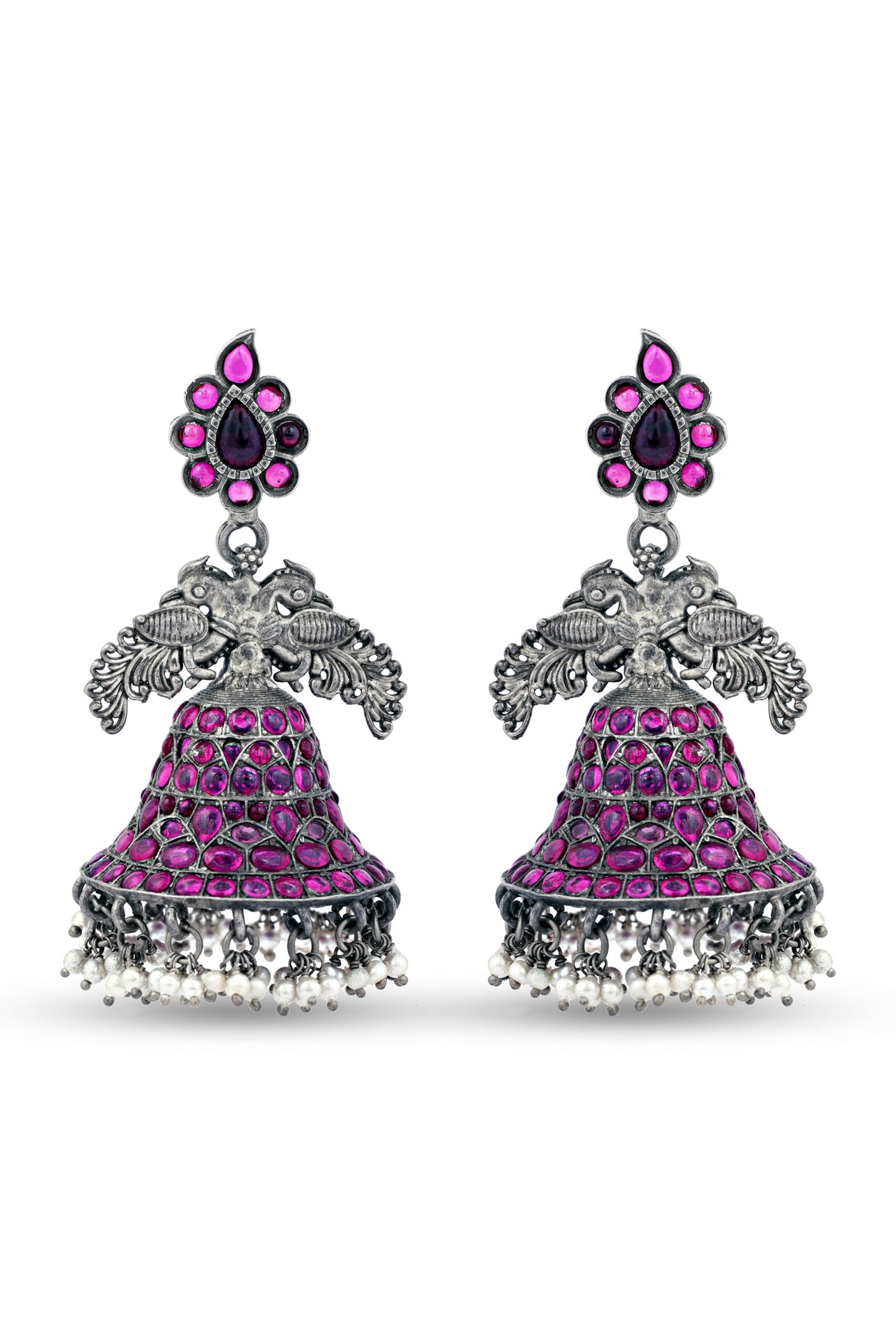 Amethyt Studded Sterling Silver Earrings Traditional Jhumki With Pearl Beads image 0