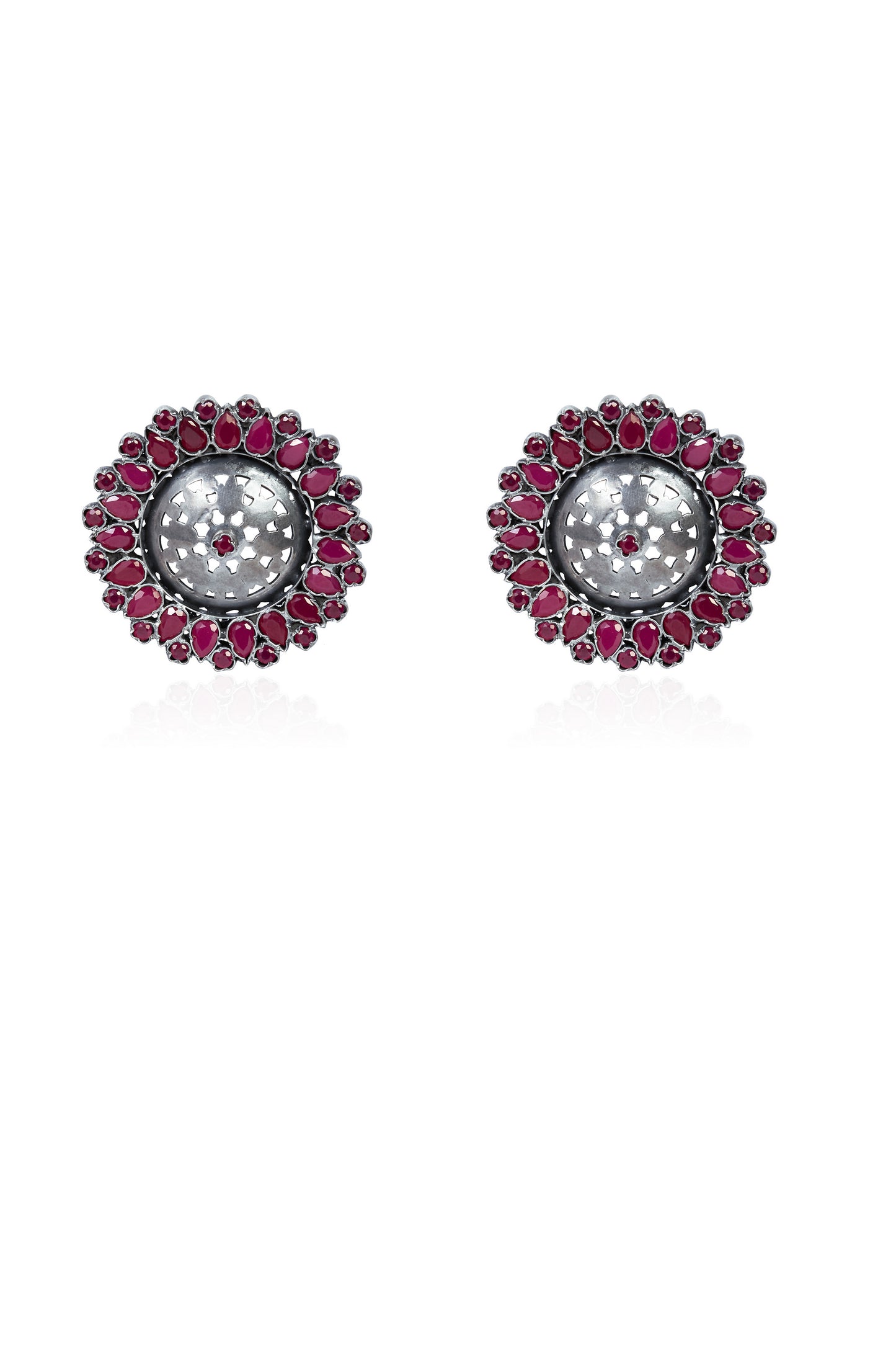 925 Silver Floral Stud Earrings With Ruby Stone