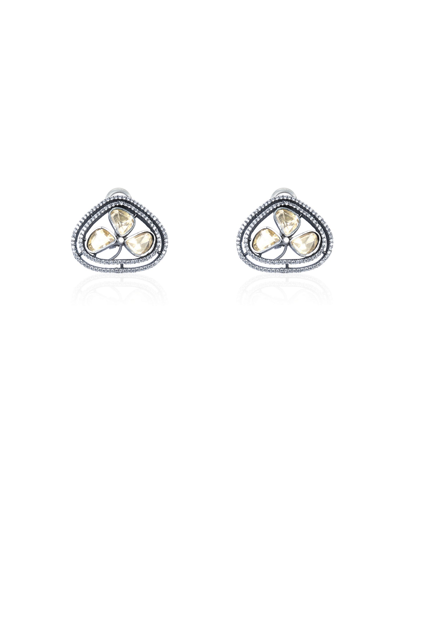 Polki Stone Oxidized Silver Triangular Stud Earrings