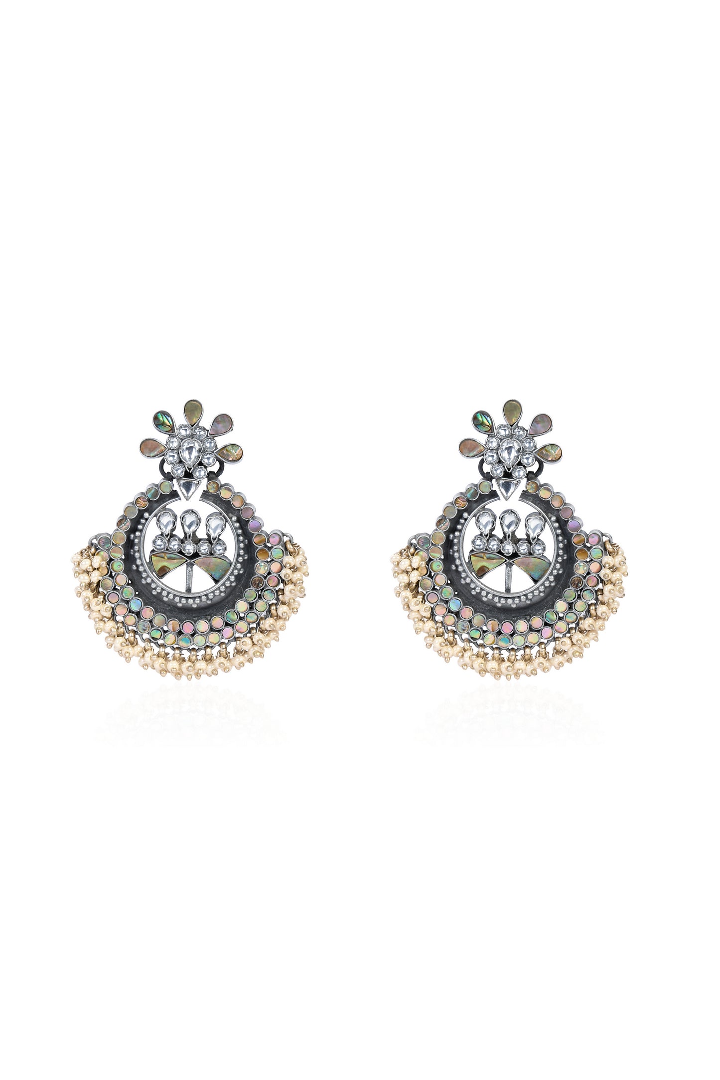 925 Silver Chandbali Earrings with Iridescent Beads & Pearls