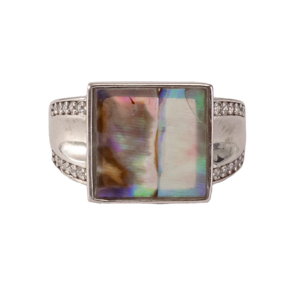 Iridescent Aura Square Signet Ring – Shimmering Shell & Silver