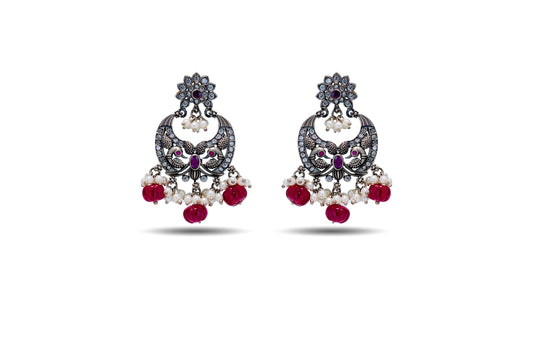 92.5 SILVER CHANDBALI EARRING WITH RUBY STONE AND PEARL image 2