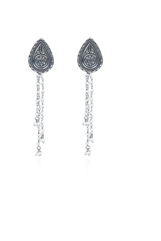 925 Silver Teardrop & Pearl Chain Dangler Earrings