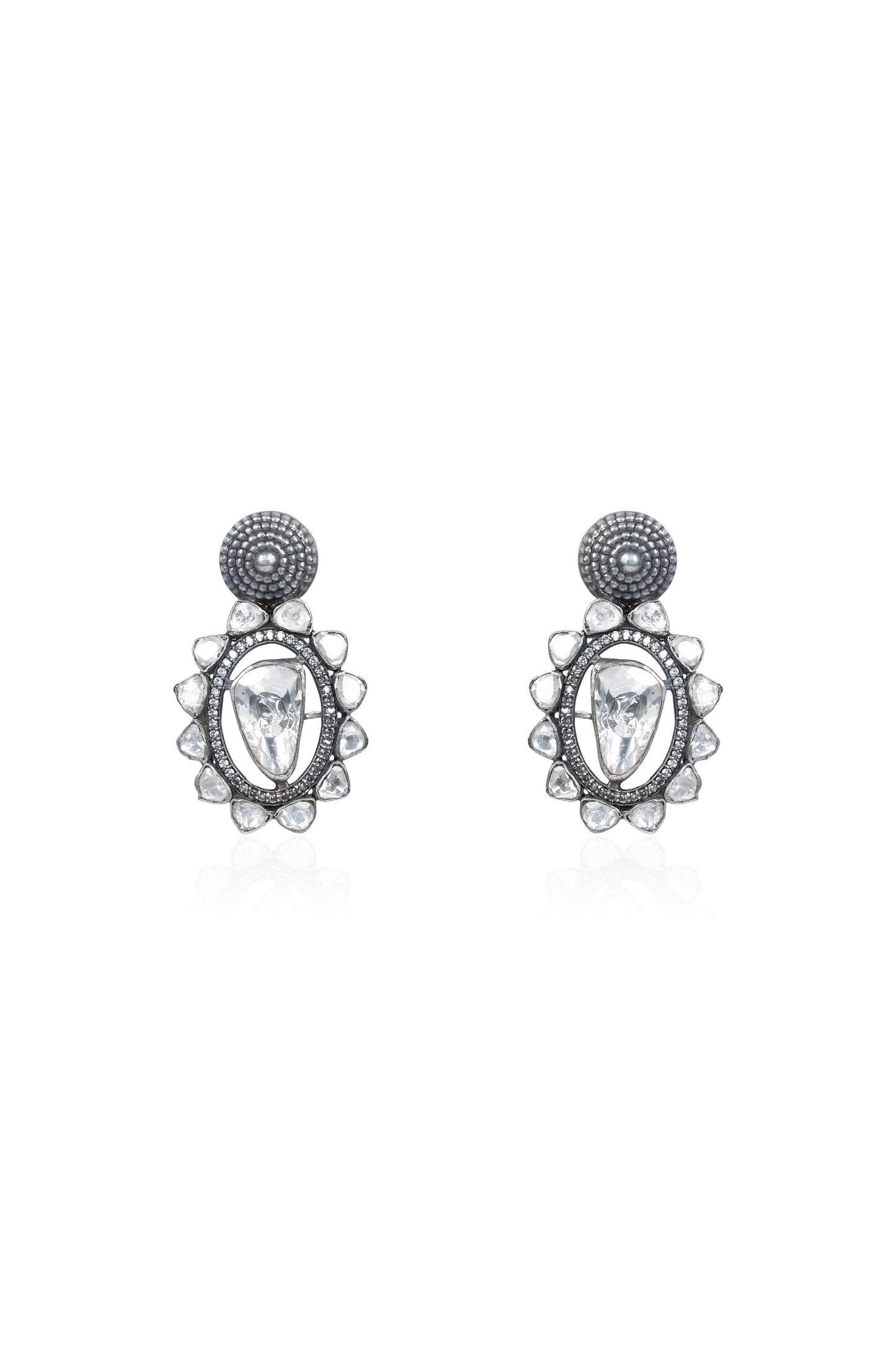 Polki & Zircon Oxidized Silver Drop Earrings