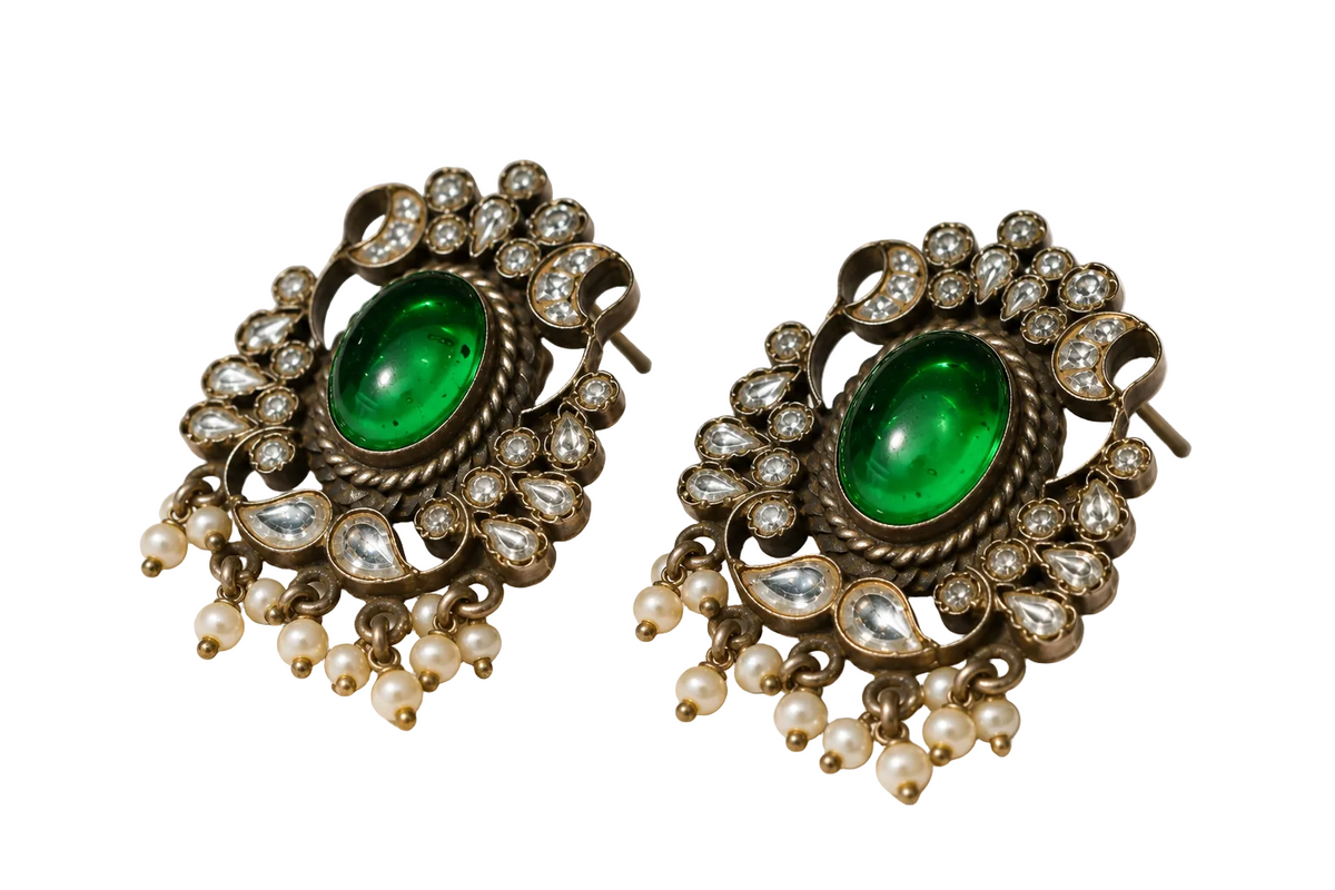 925 Silver Green Stone Polki Studs