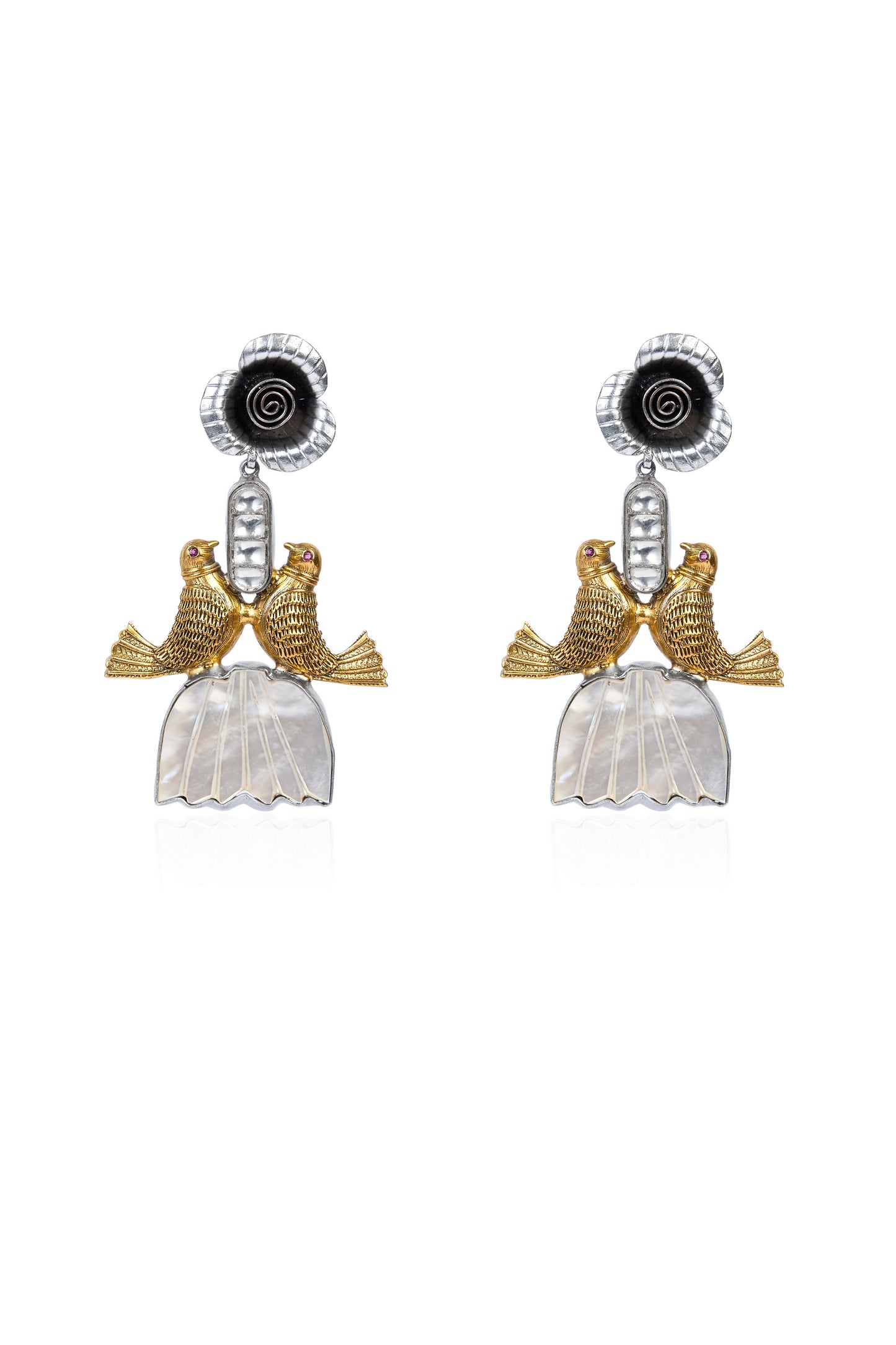 Bird & Floral Design 925 Silver & Gold-Toned Drop Earrings