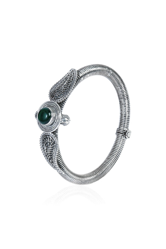 Oxidised Kada with Green Stone & Coiled Design