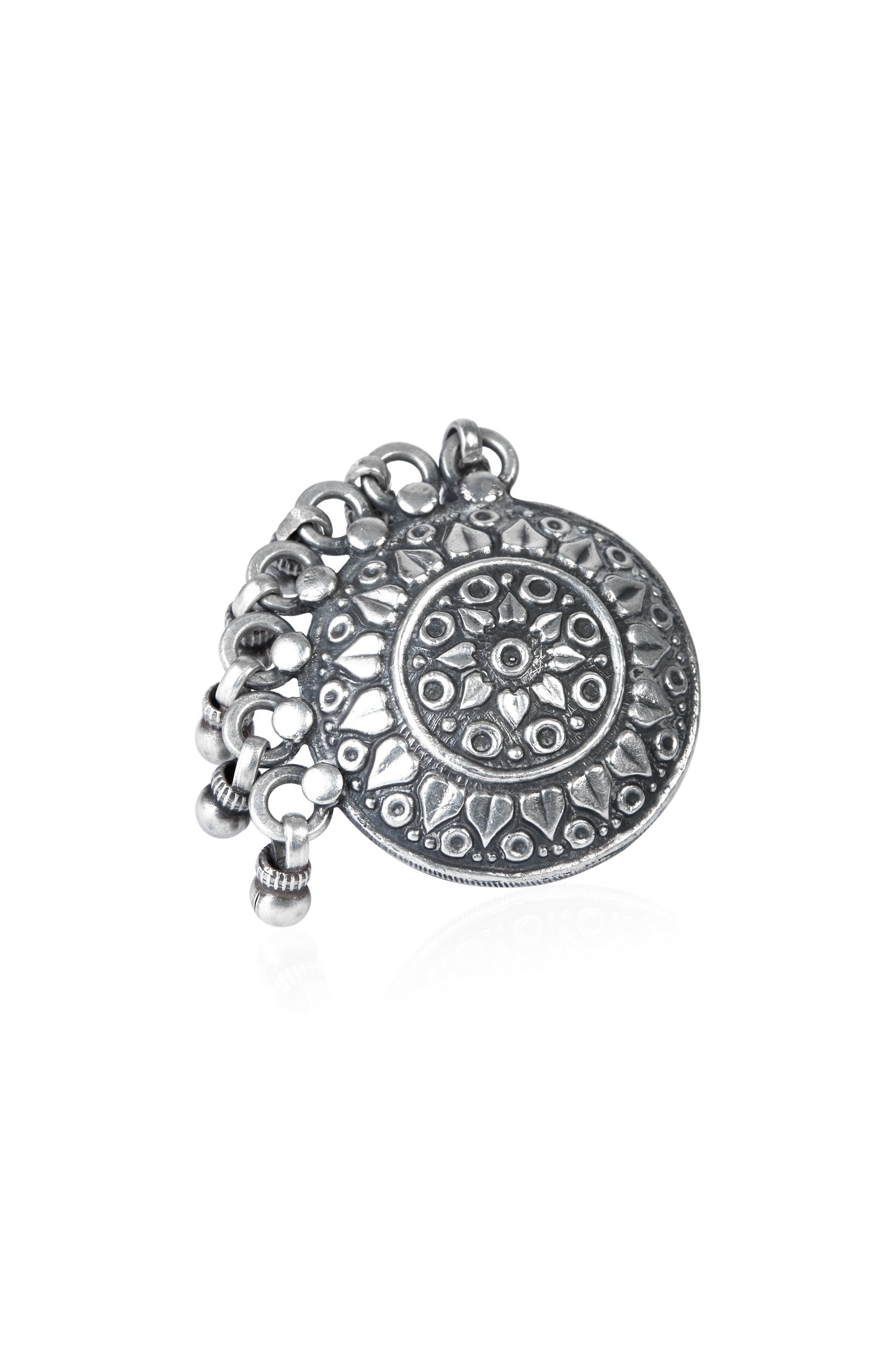 Ornate Oxidized Silver Floral Mandala Ring with Ghungroo Accents