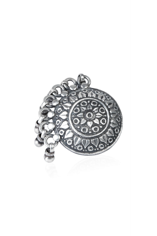 Ornate Oxidized Silver Floral Mandala Ring with Ghungroo Accents