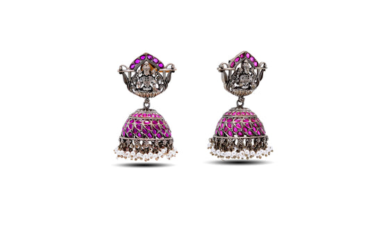 92.5 SILVER SARASWATI JI TEMPLE EARRING WITH RUBY STONES image 2