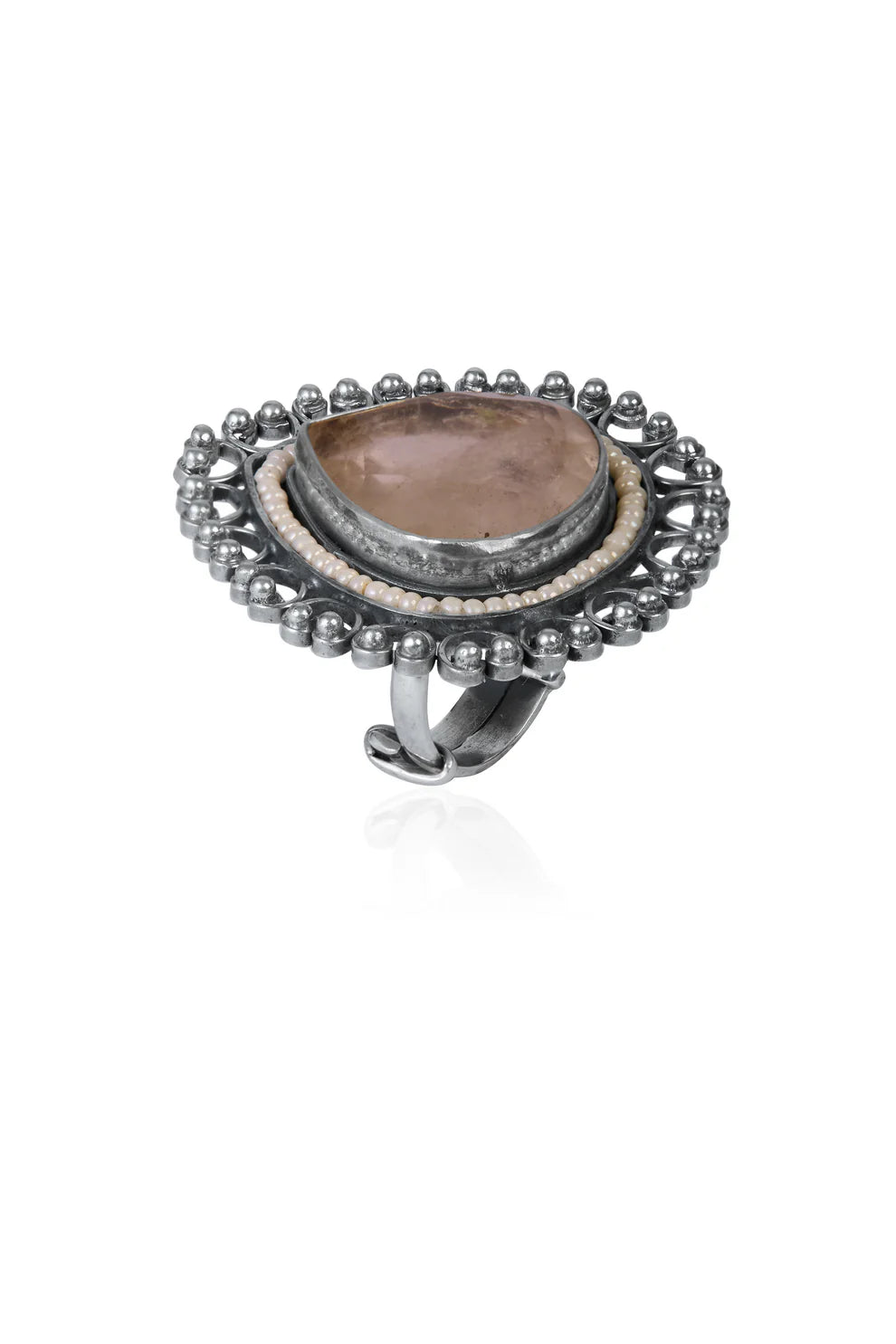 Raw Rose Quartz & Pearl Border Oxidized Look Silver Ring