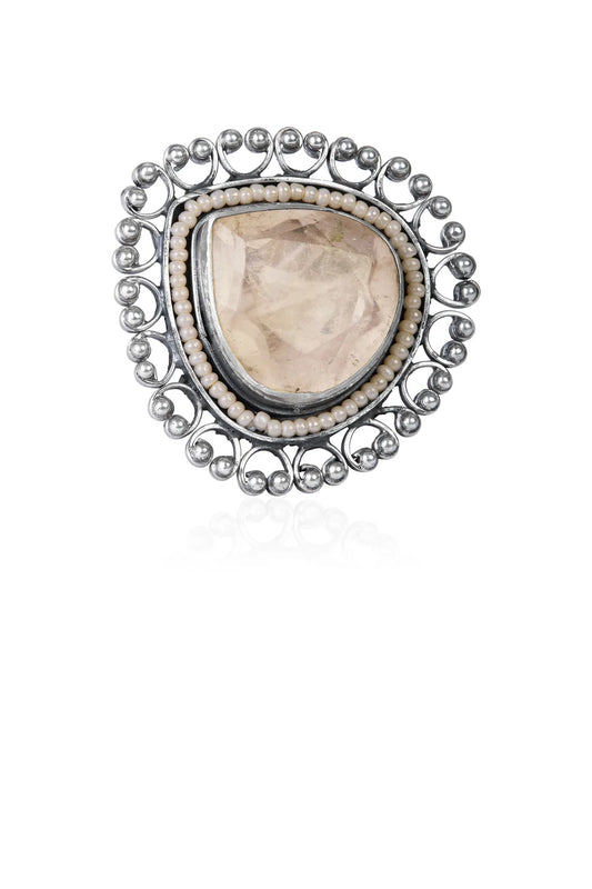 Raw Rose Quartz & Pearl Border Oxidized Look Silver Ring