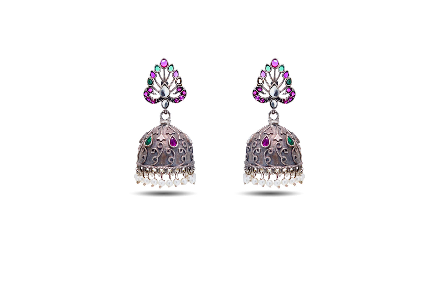 925 Silver Ruby and Emerald Stone Jhumki image 1