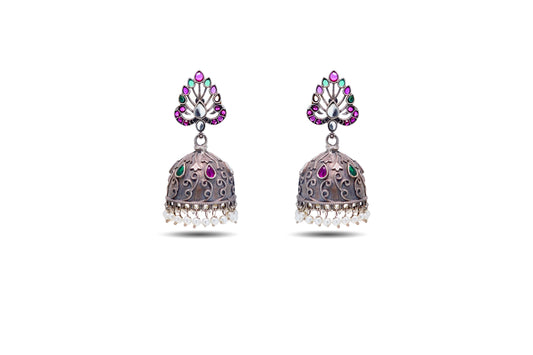 925 Silver Ruby and Emerald Stone Jhumki image 1
