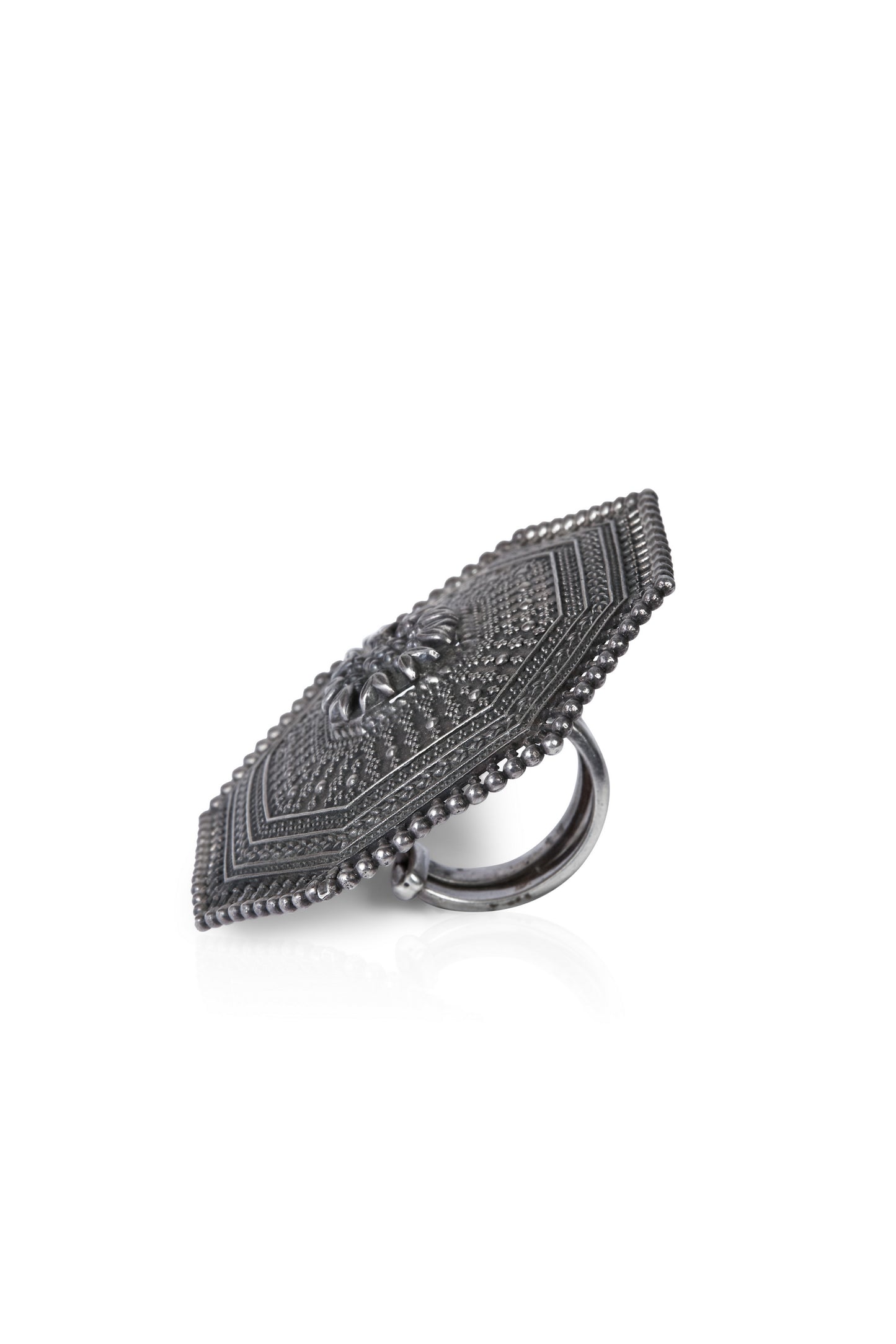 Ornate Oxidized Silver Shield Statement Ring