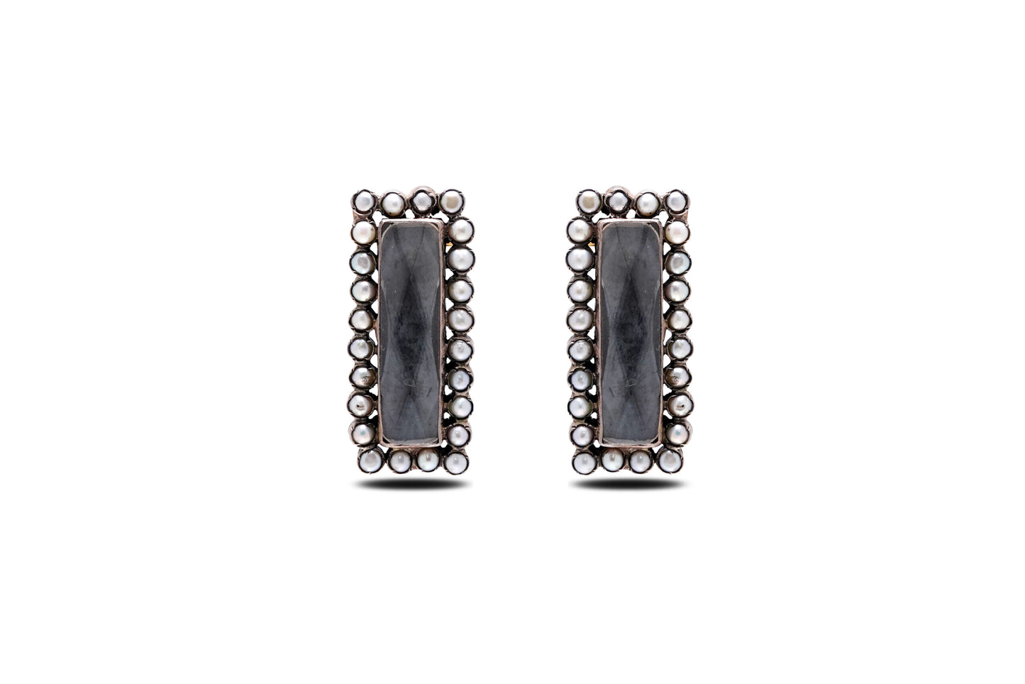 925 Silver Rectangular Stone Pearl Border Earrings image 0