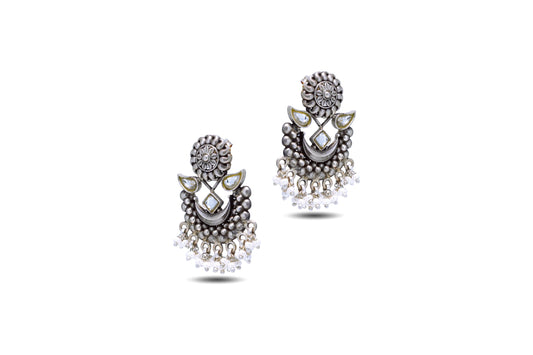 92.5 Silver Oxidised Look Chandbali Earring with Kundan And Pearls image 2