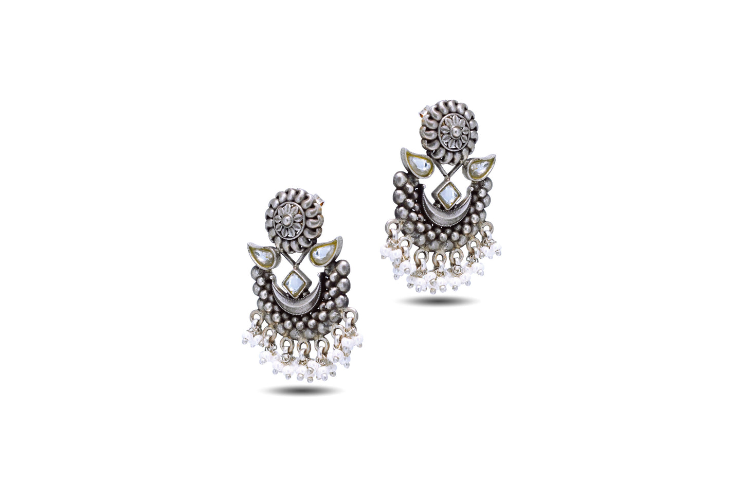 92.5 Silver Oxidised Look Chandbali Earring with Kundan And Pearls image 2