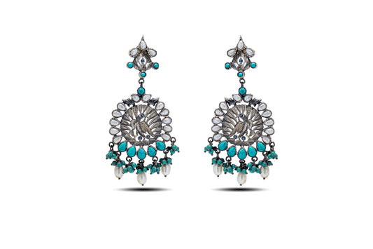 925 Silver Turquoise With Pearl Long Earring image 1