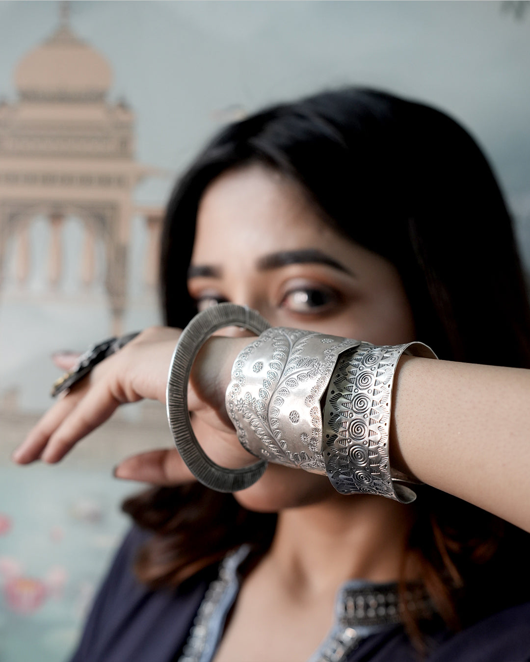 silver Minimalist Textured Open Bangle