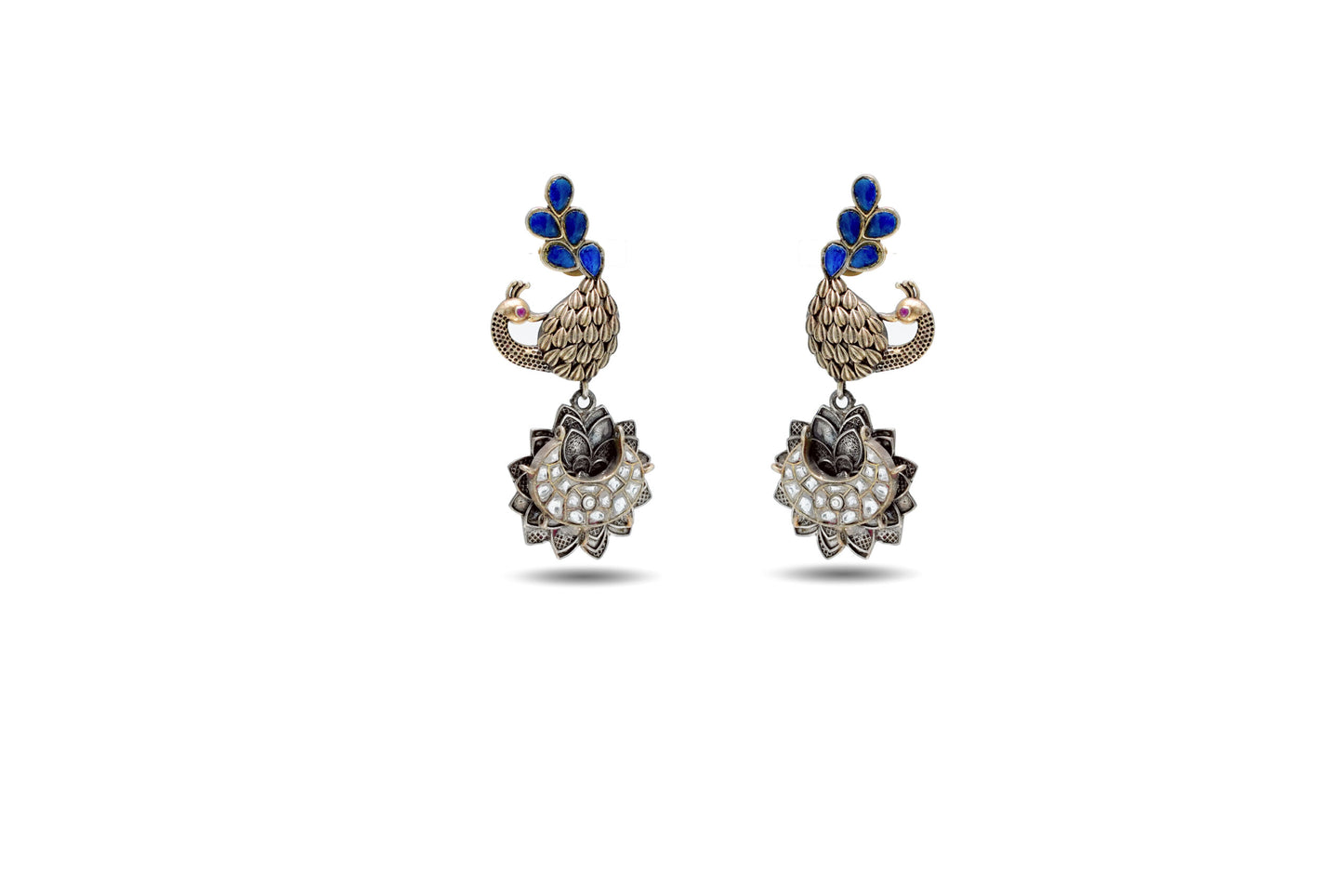 92.5 Silver Peacock Style Dangler Earrings With Blue Stone image 0