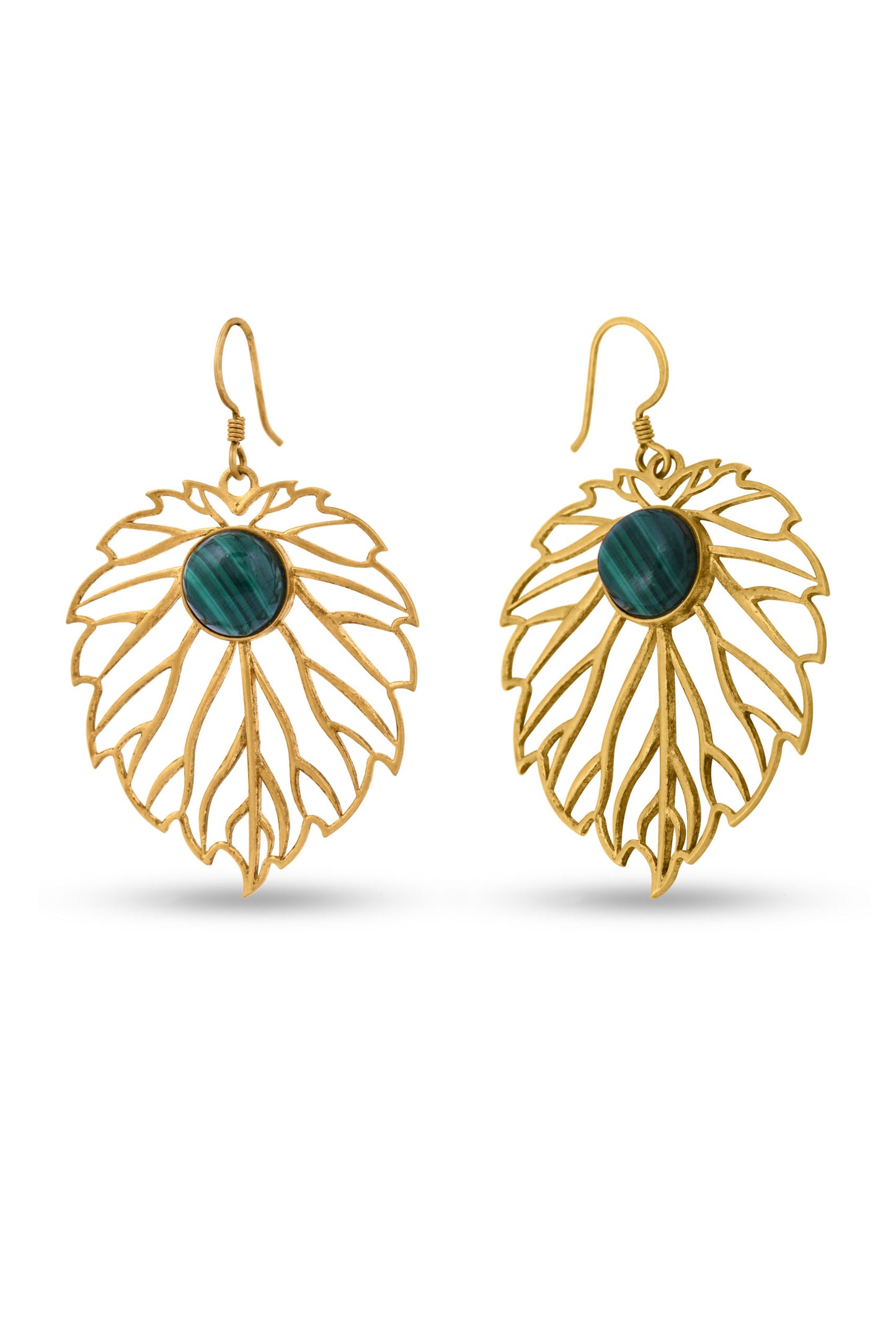 Green Stones & Golden Leaf Bohemian Earrings image 1