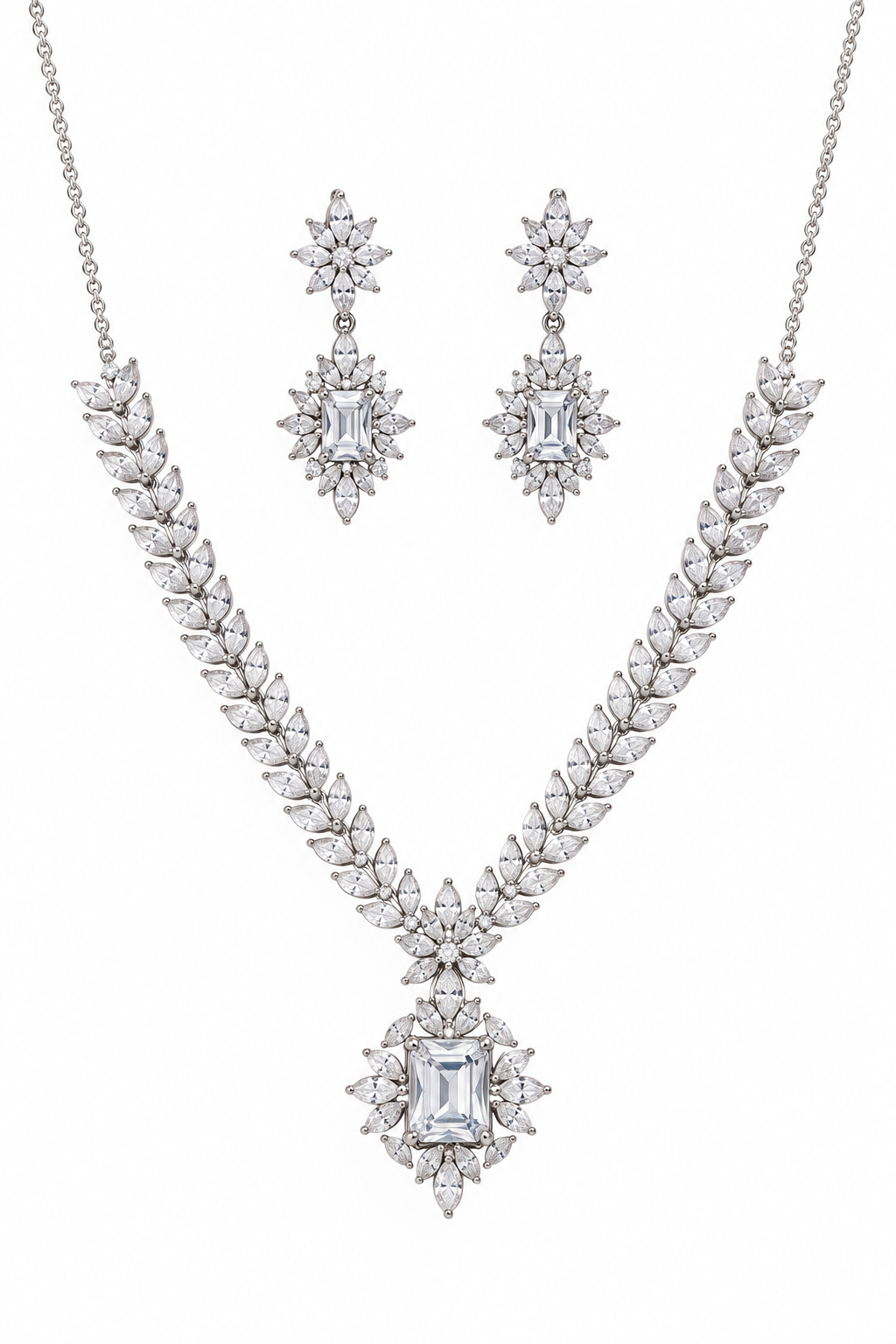925 Silver Cubic Zirconia Emerald-Cut Necklace with Earring