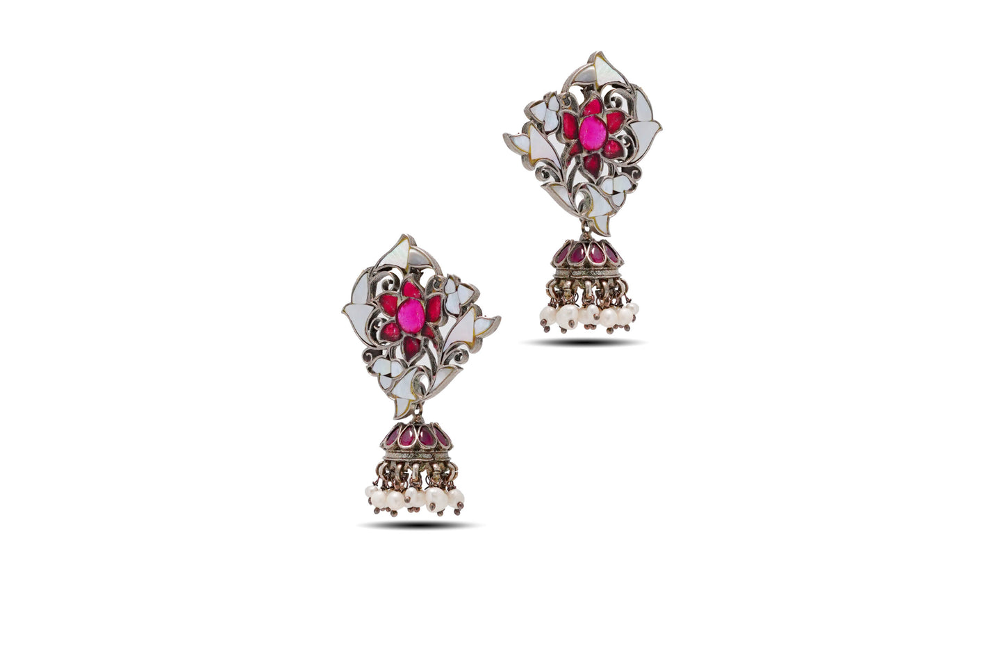 925 Silver Ruby and Mother of pearl Traditional Earring image 2