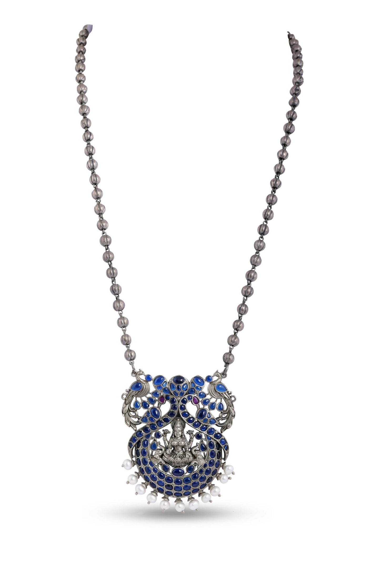 Silver Blue Stones-Studded Lakshmi on Peacock Necklace image 1