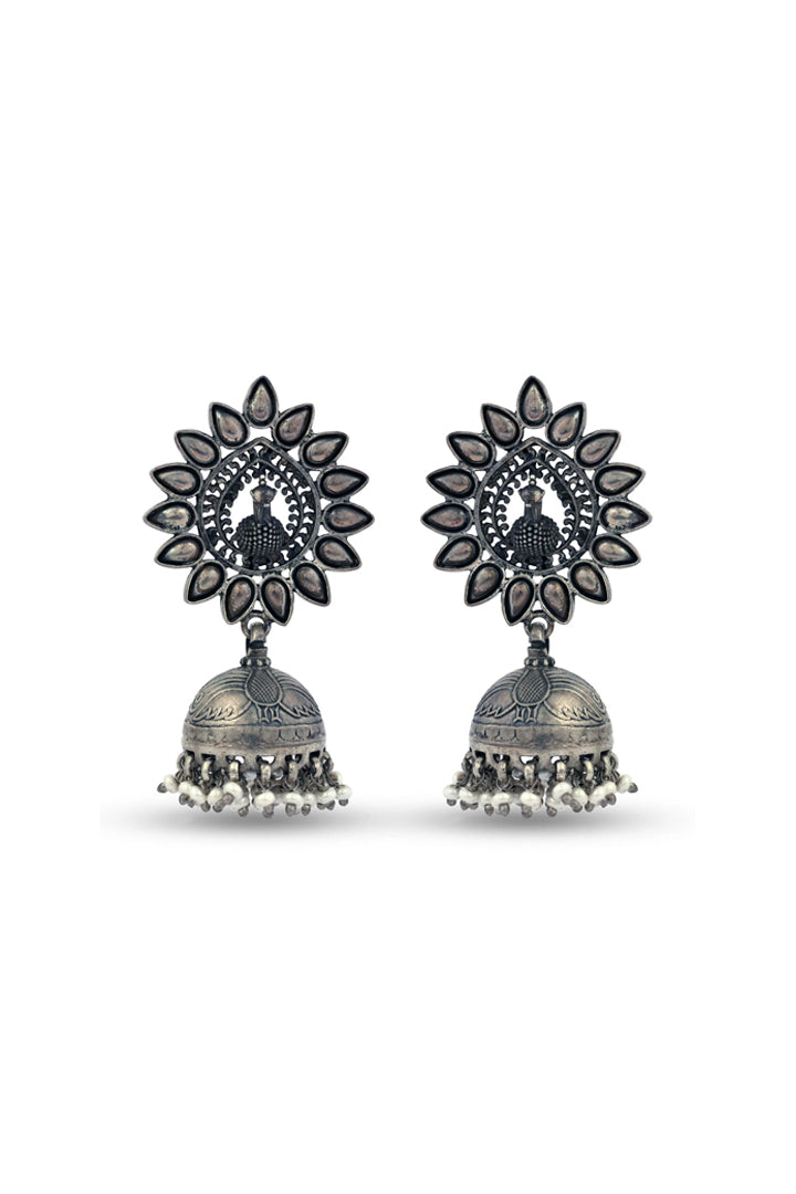 Silver Peacock Chiselled Jhumka Earring