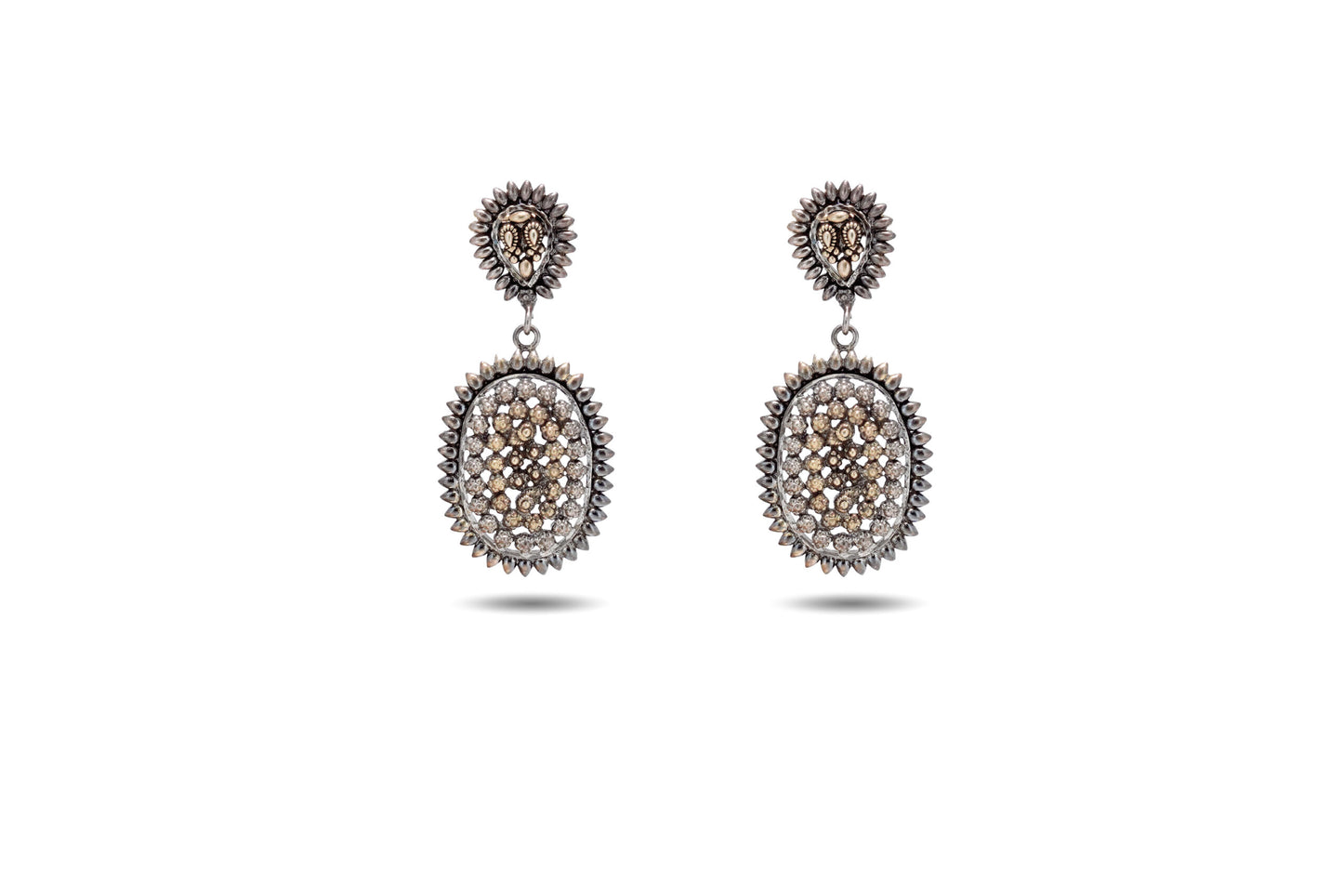 92.5 Silver Antique Oval Danglers Earring with Golden Accents image 0