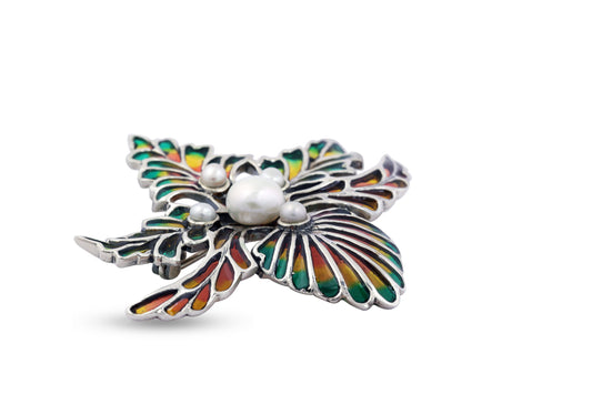 Brooch Pearl Genuine Natural and Red Green Enamel Solid Sterling Silver image 1
