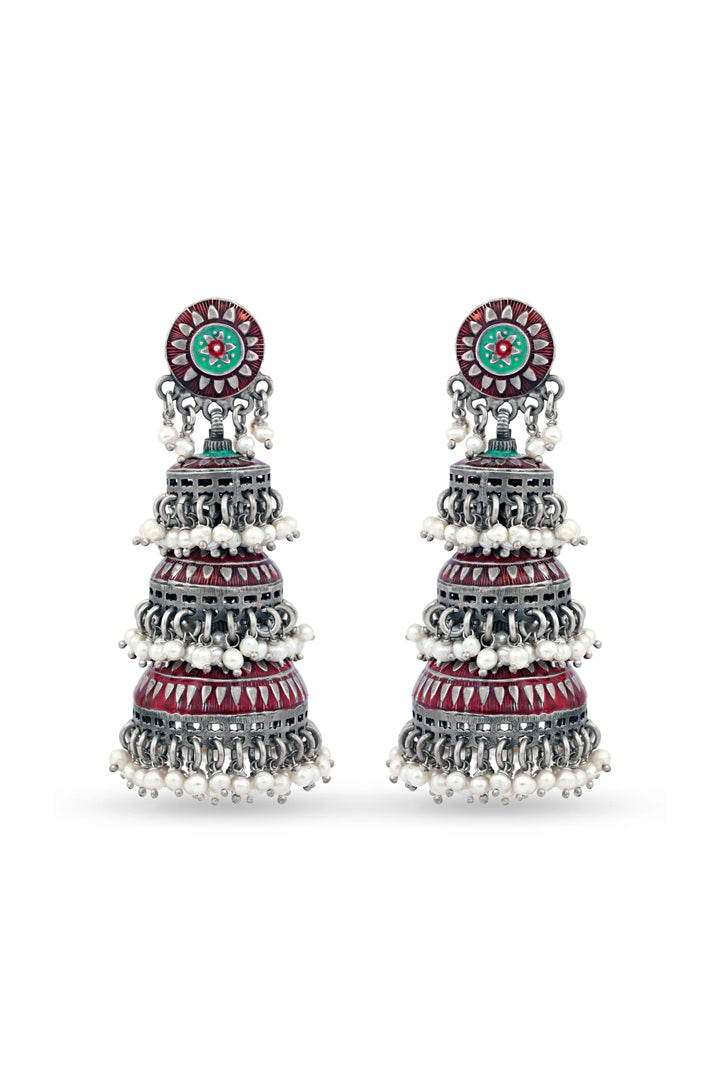 Three Layer Floral Dangler Earrings In Sterling Silver