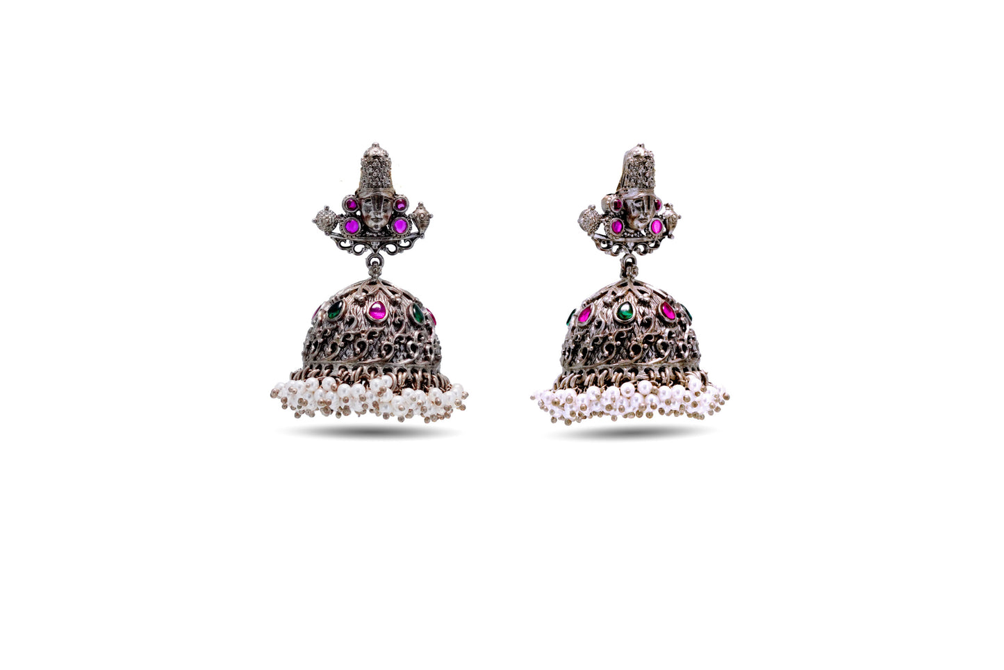 92.5 Silver Temple Earrings with Ruby and Emerald Stones image 1
