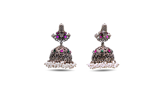 92.5 Silver Temple Earrings with Ruby and Emerald Stones image 1