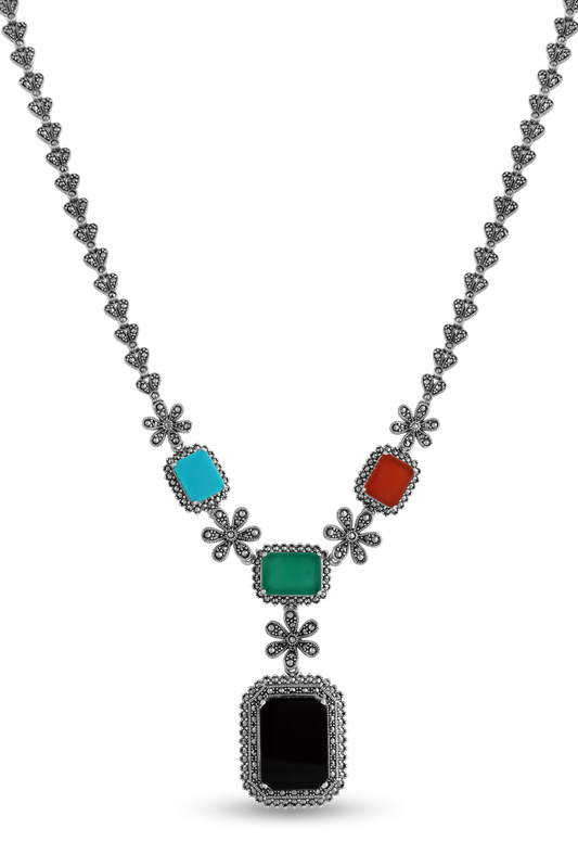 925 Sterling Silver Marcasite Necklace Set With Semiprecious Stone image 1