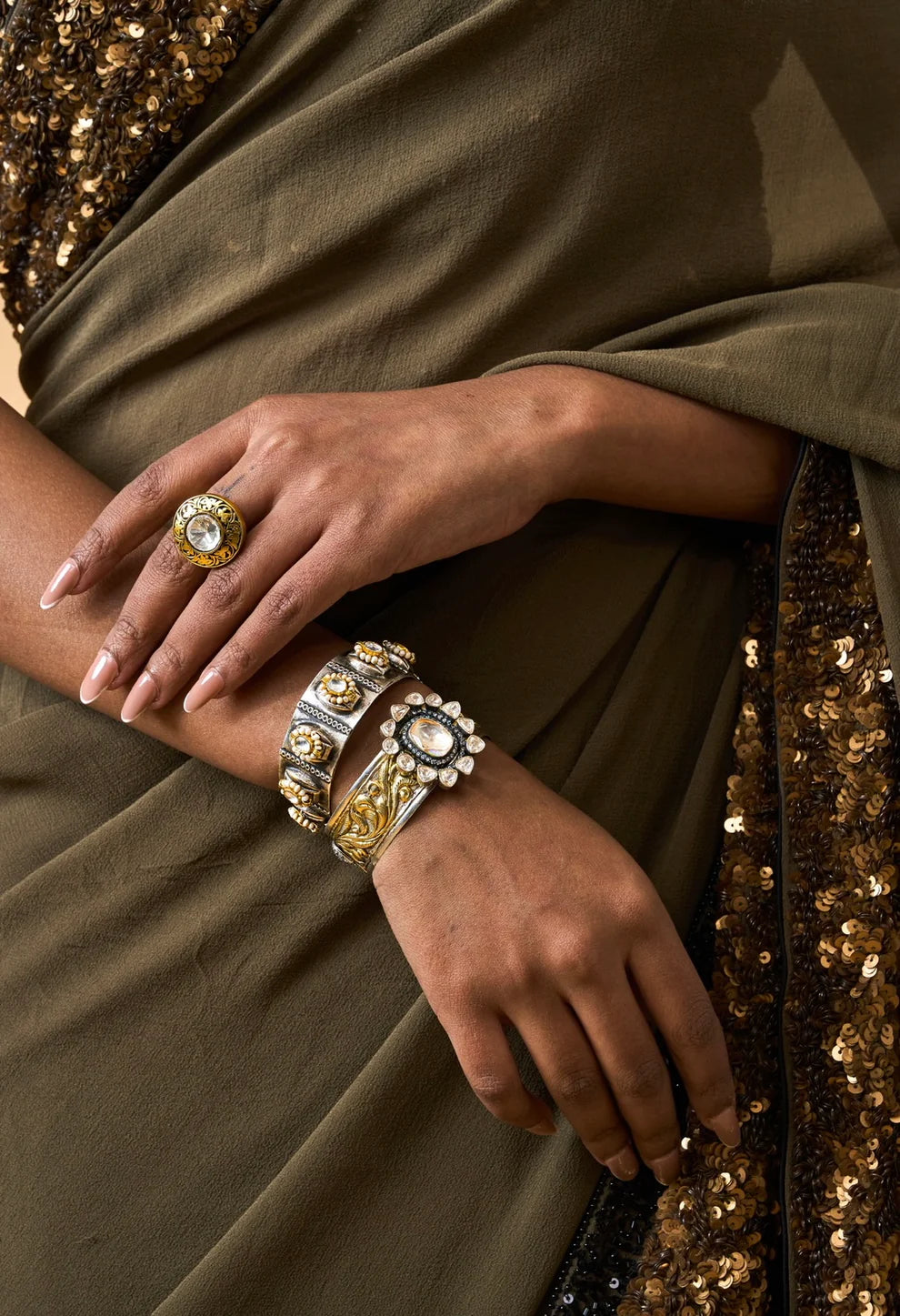 Dannijo Style Oxidized Silver & Gold Polki Cuff Bracelet
