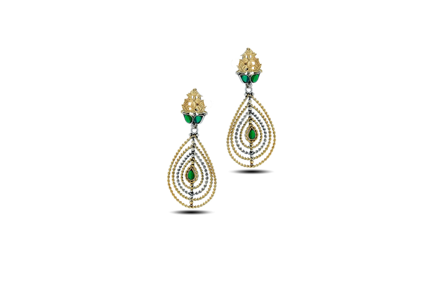 92.5 Silver Multi-Layered Green Onyx Dangle Earrings And Golden Accents image 1