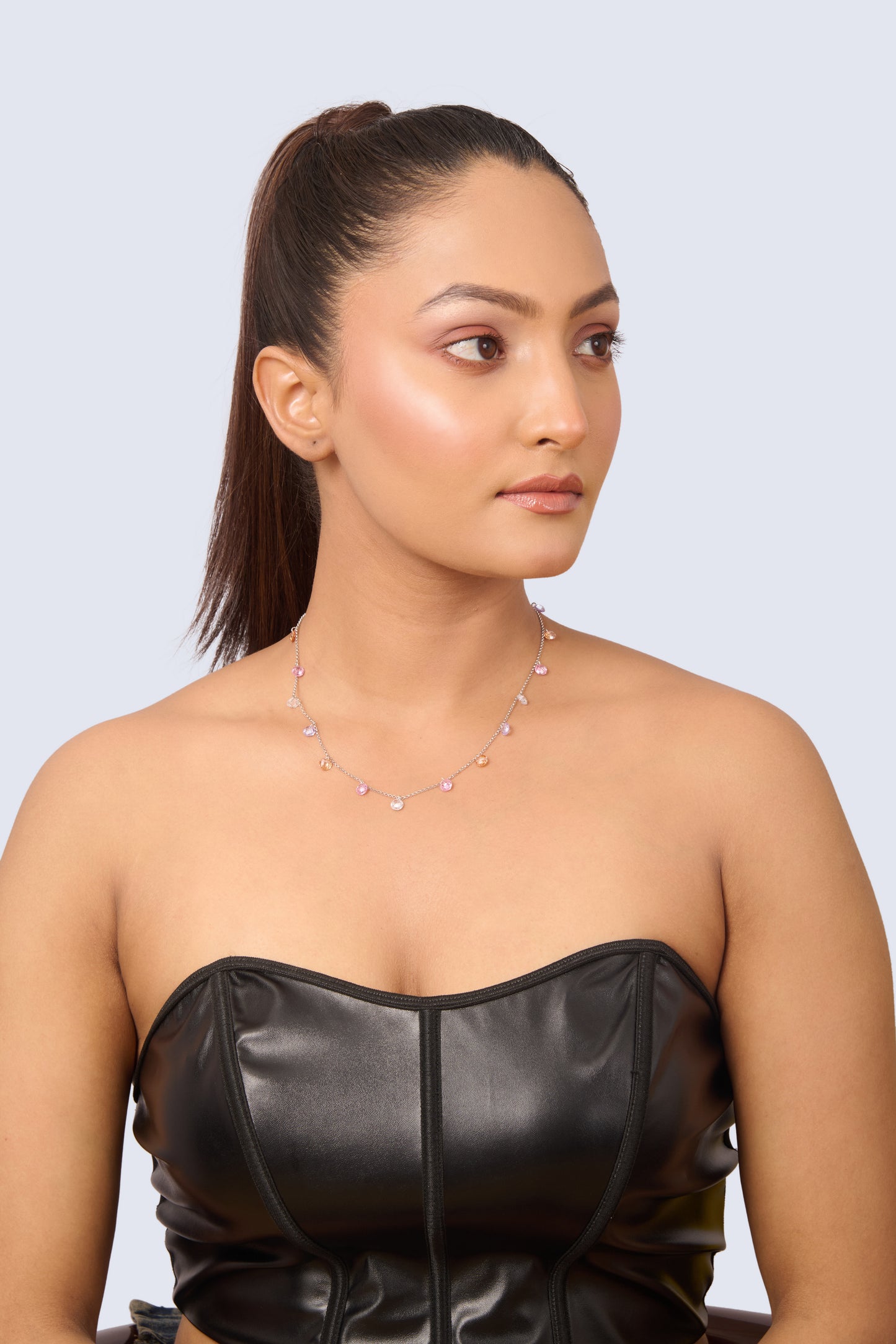 Sterling Silver Dangle Station Necklace with Pastel Multi-Colored Gemstones